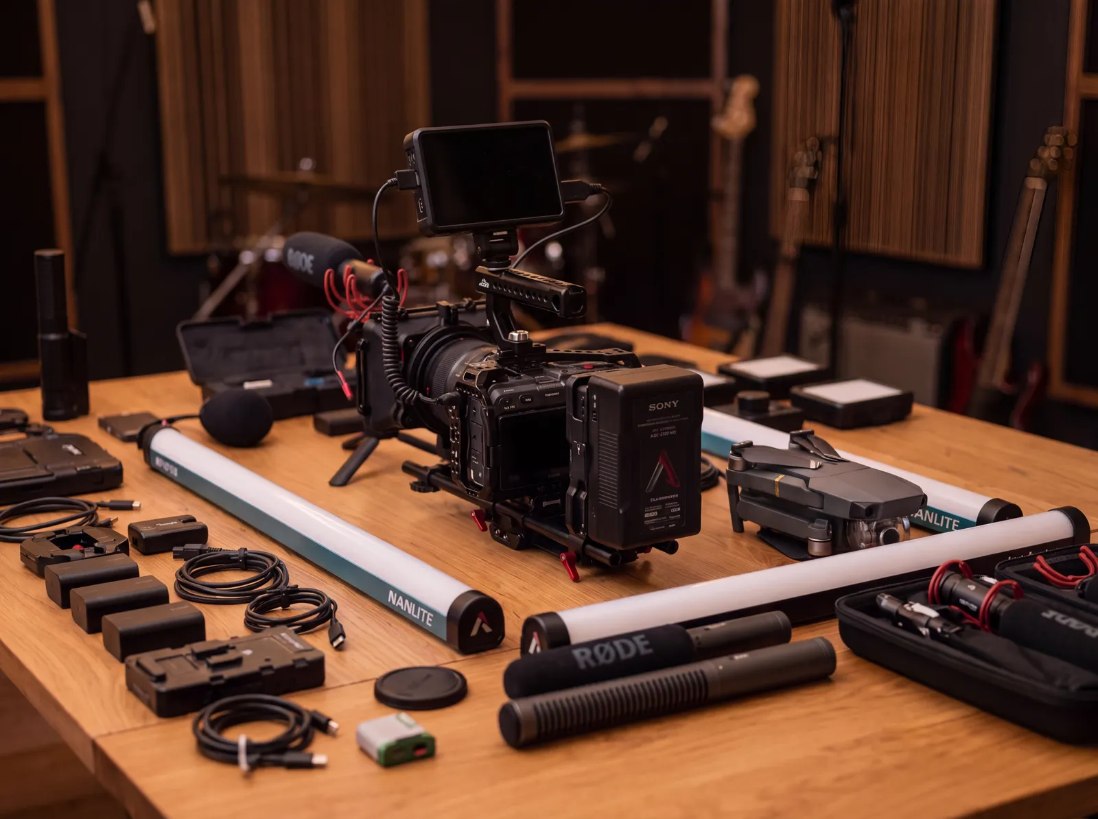 Equipo de rodaje de Distrito Creativo: cámara de cine, monitor, micrófonos, iluminación y dron preparados en el estudio de Sant Joan d’Alacant